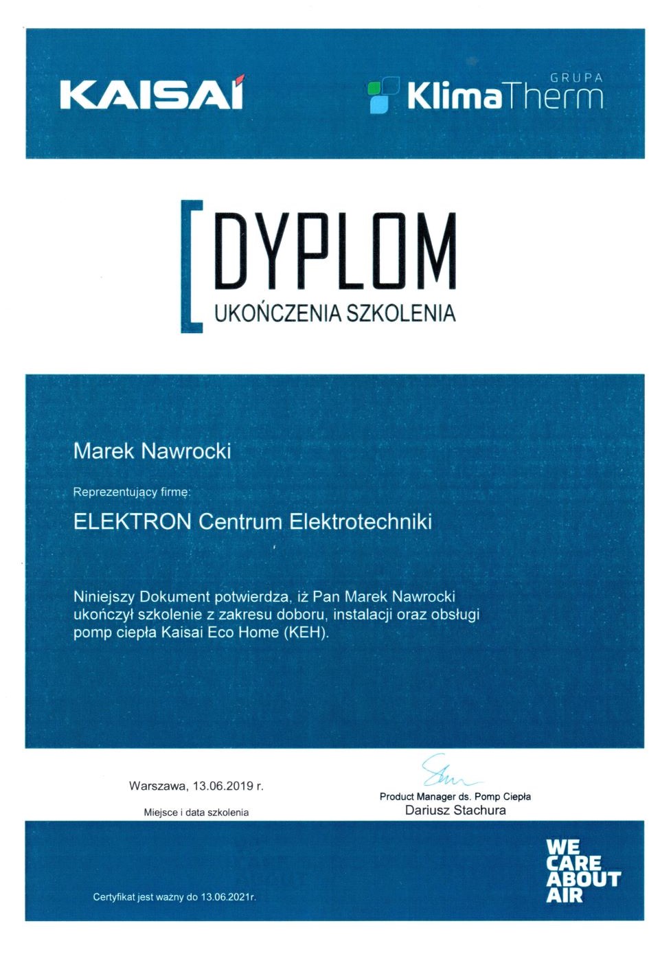 Certyfikat dla ECE Elektron Centrum Elektrotechniki pompy ciepła Kaisai
