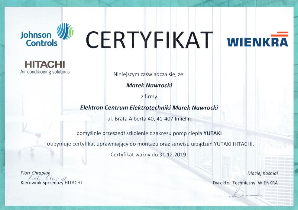 Certyfikat dla ECE Elektron Centrum Elektrotechniki pompy ciepła Yutaki Hitachi