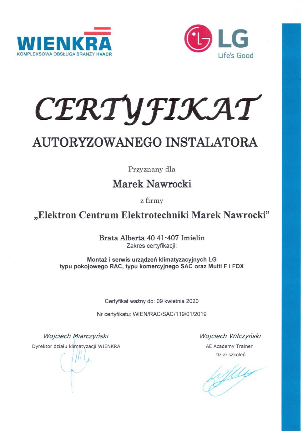 Certyfikat dla ECE Elektron Centrum Elektrotechniki urządzenia klimatyzacyjne LG