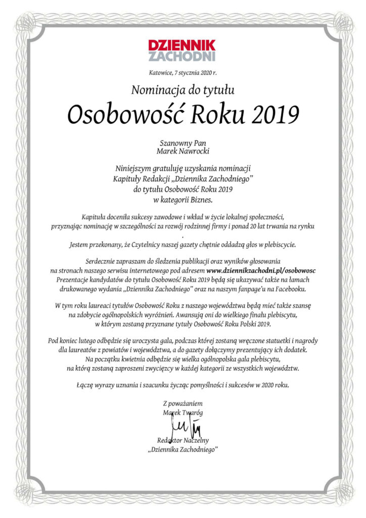 Nominacja dla Marka Nawrockiego w plebiscycie Dziennika Zachodniego Osobowosc Roku 2019